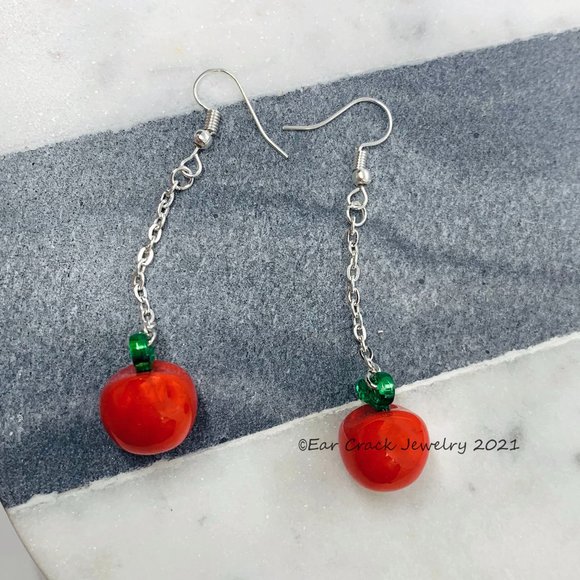Red Apple Fruit Dangle Earrings - Picture 2 of 6